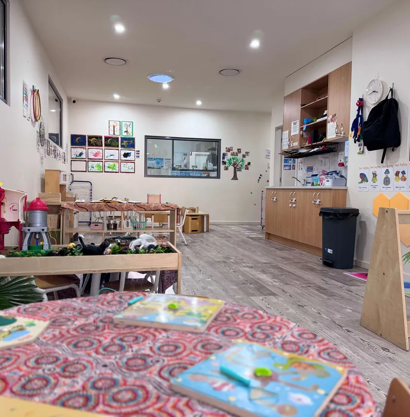 Inside the preschool room, looking through to the kitchen